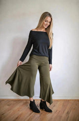 Paris Wide Leg High Waist Gaucho Pants with Fold Over Waistband in Black