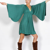 Emerald Green Bell Sleeve Dress: Boho Fairy Festival Rayon Gown