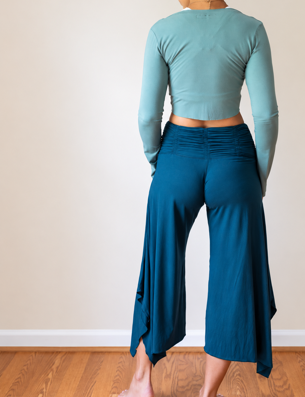Ruched Waistband, Wide Leg, Flowy Gaucho Pants in Dark Teal