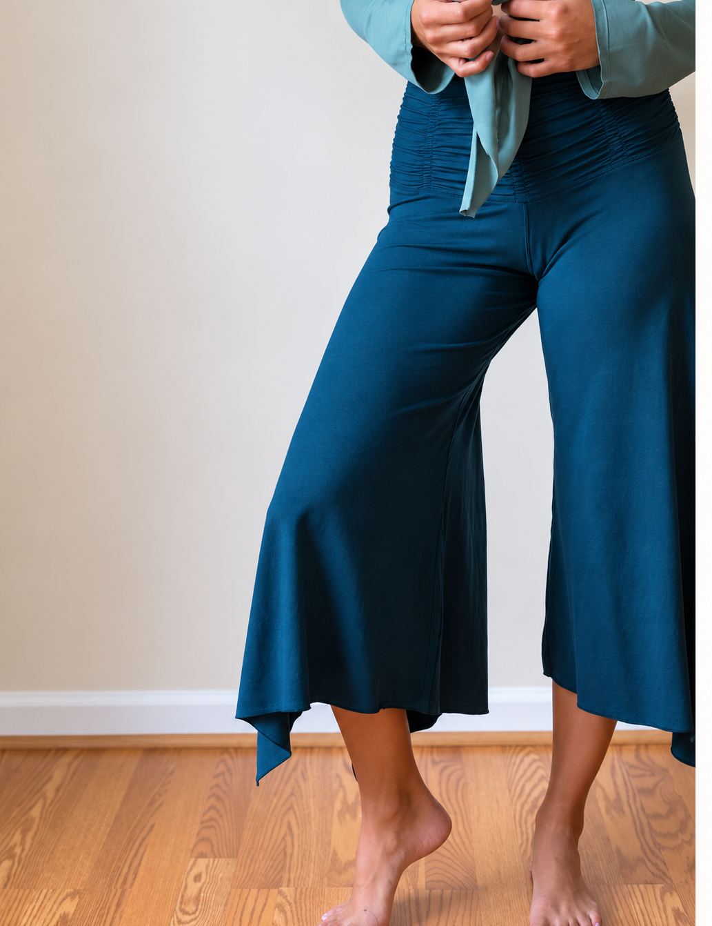Ruched Waistband, Wide Leg, Flowy Gaucho Pants in Dark Teal