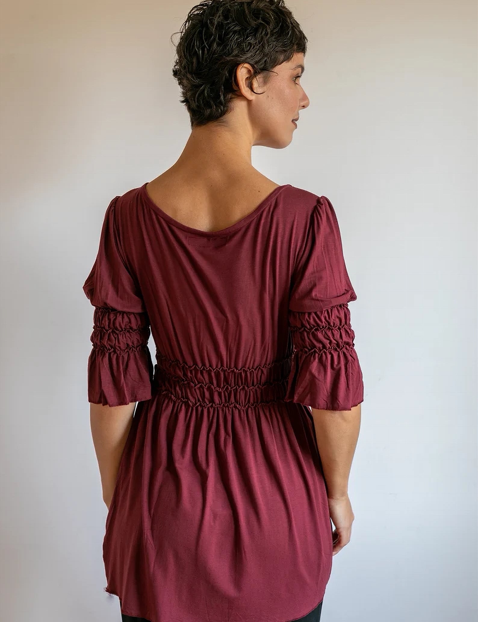 Goddess Sleeve Ruched Empire Waist Top in Burgundy
