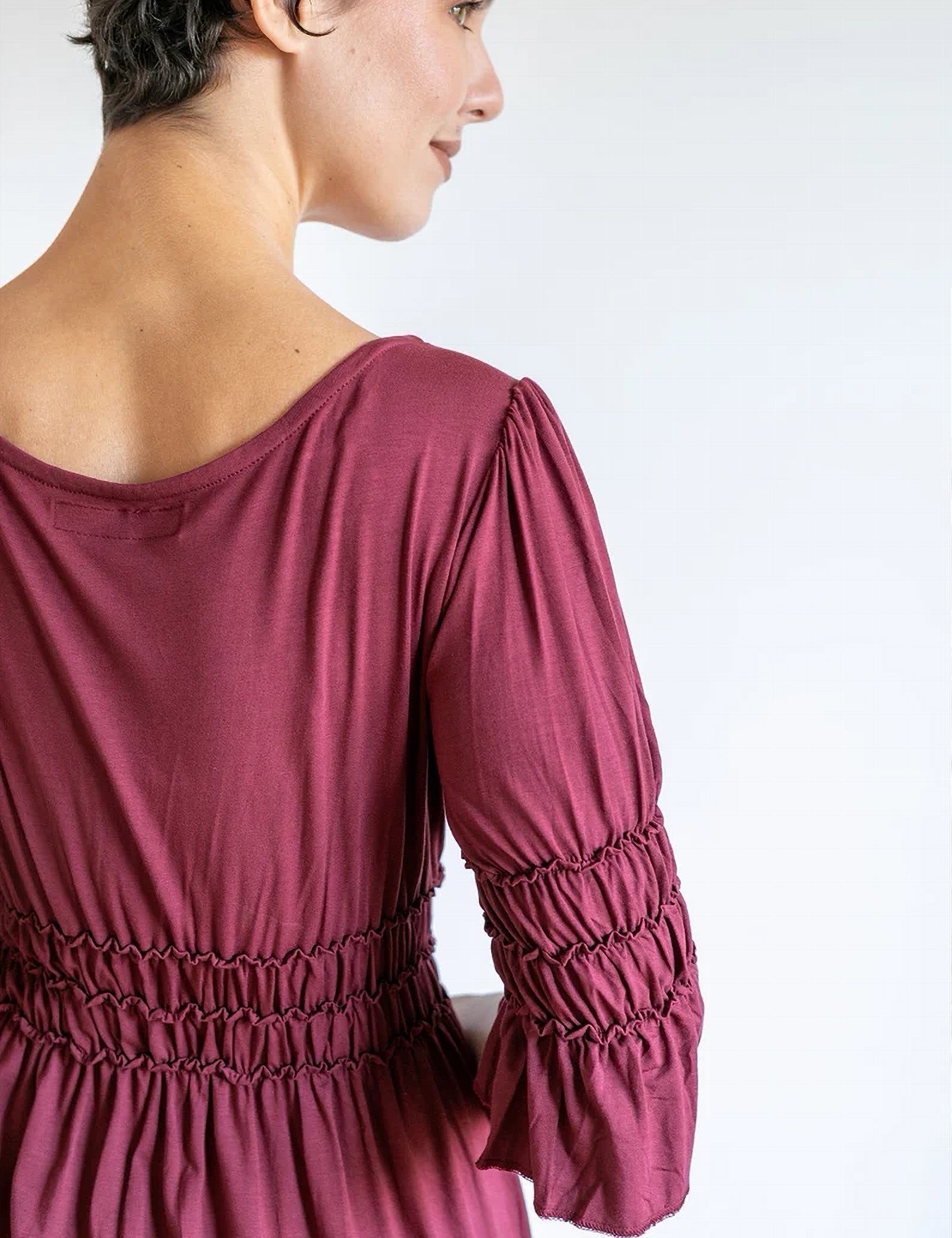 Goddess Sleeve Ruched Empire Waist Top in Burgundy