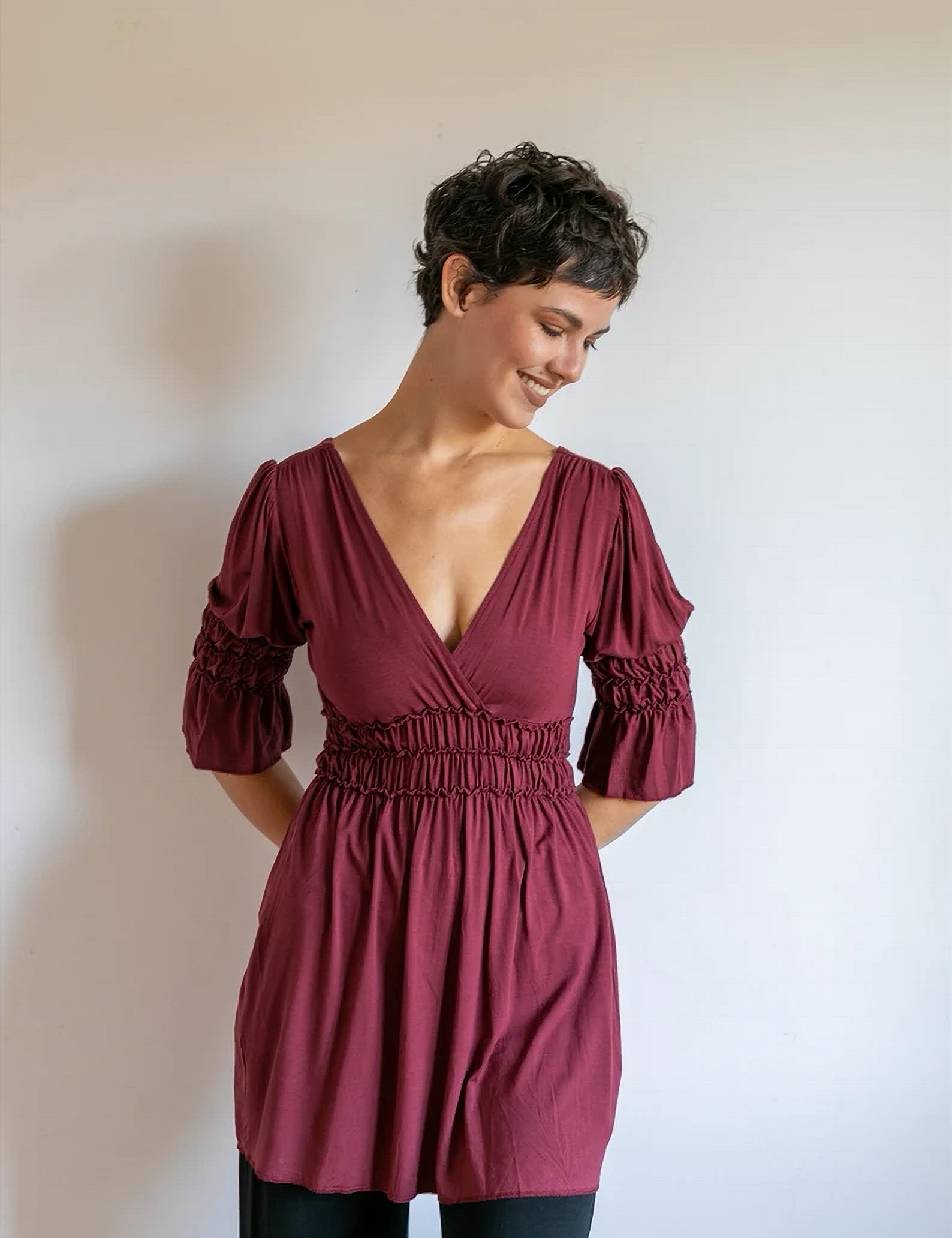 Goddess Sleeve Ruched Empire Waist Top in Burgundy