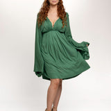 Emerald Green Bell Sleeve Dress: Boho Fairy Festival Rayon Gown