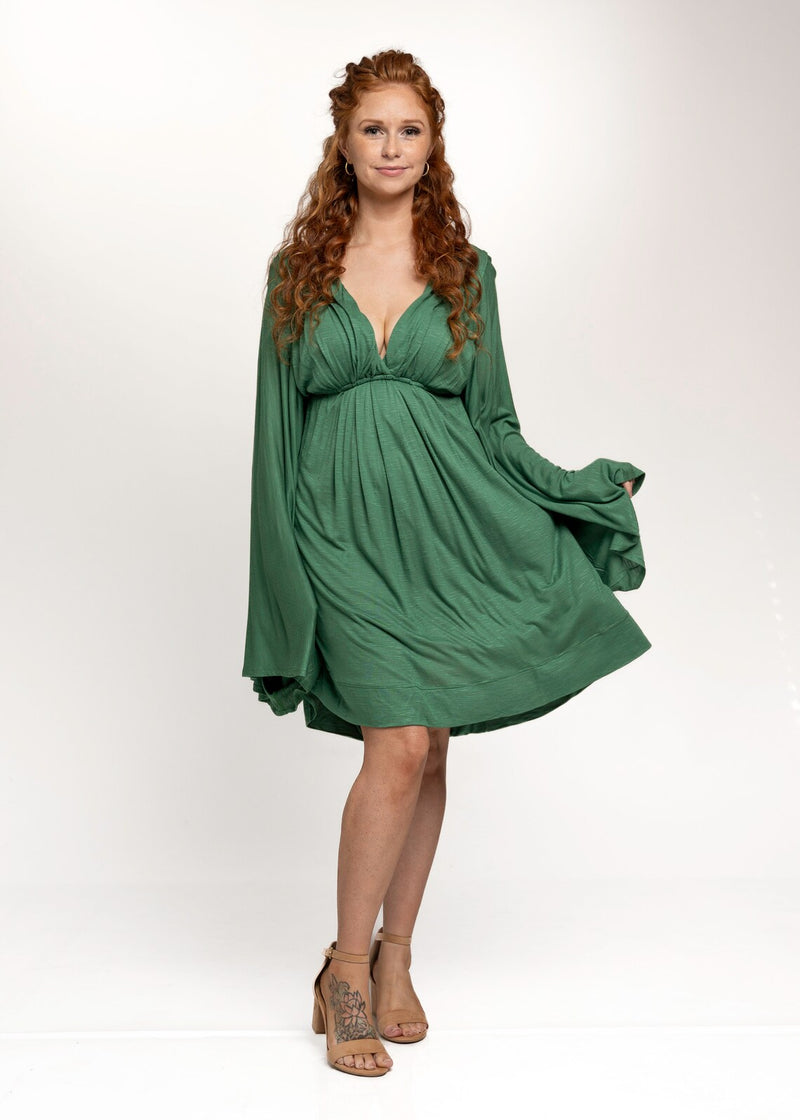 Bell Sleeve Greek Goddess Festival Dress in Emerald Green