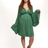 Emerald Green Bell Sleeve Dress: Boho Fairy Festival Rayon Gown