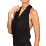 Cowl Neck Backless Halter Top in Black Sexy Sleeveless Blouse
