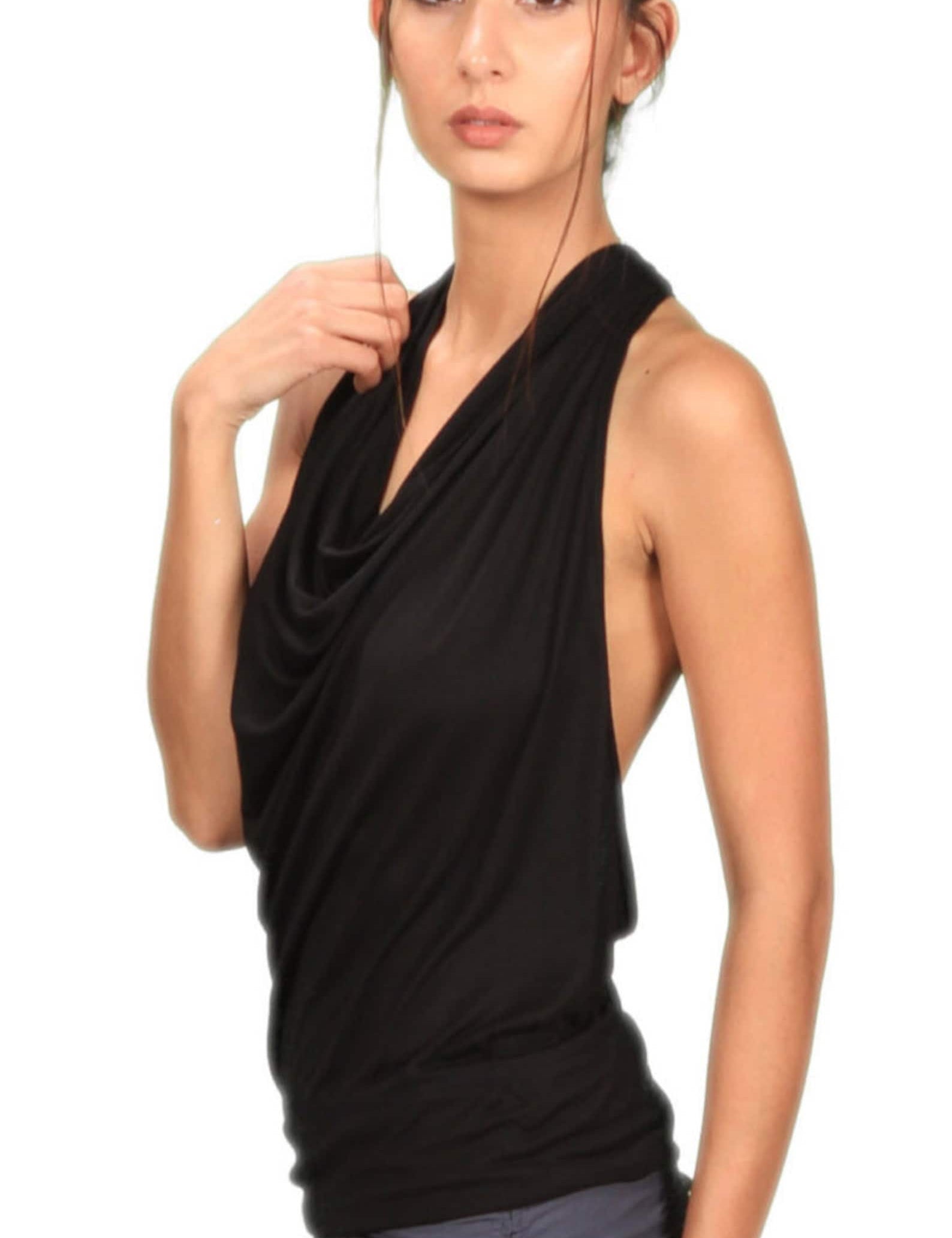 Cowl Neck Backless Halter Top in Black Sexy Sleeveless Blouse