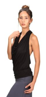 Cowl Neck Backless Halter Top in Black Sexy Sleeveless Blouse