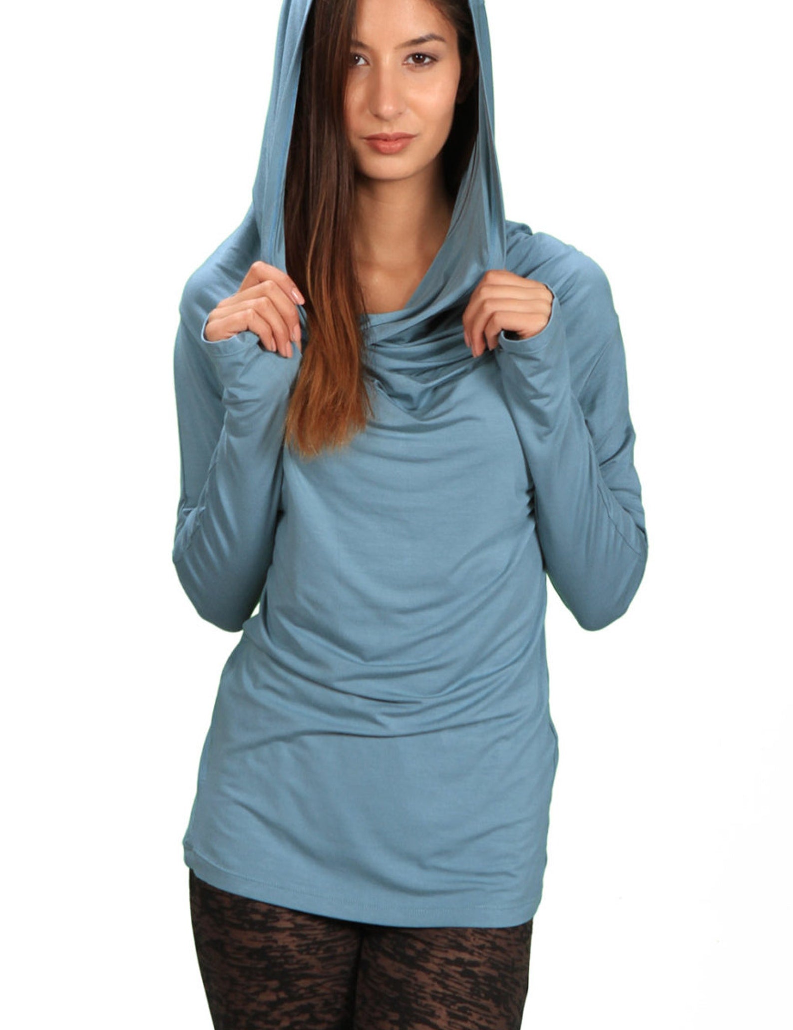 Cowl Neck Hoodie Shirt with Thumbholes in Ocean