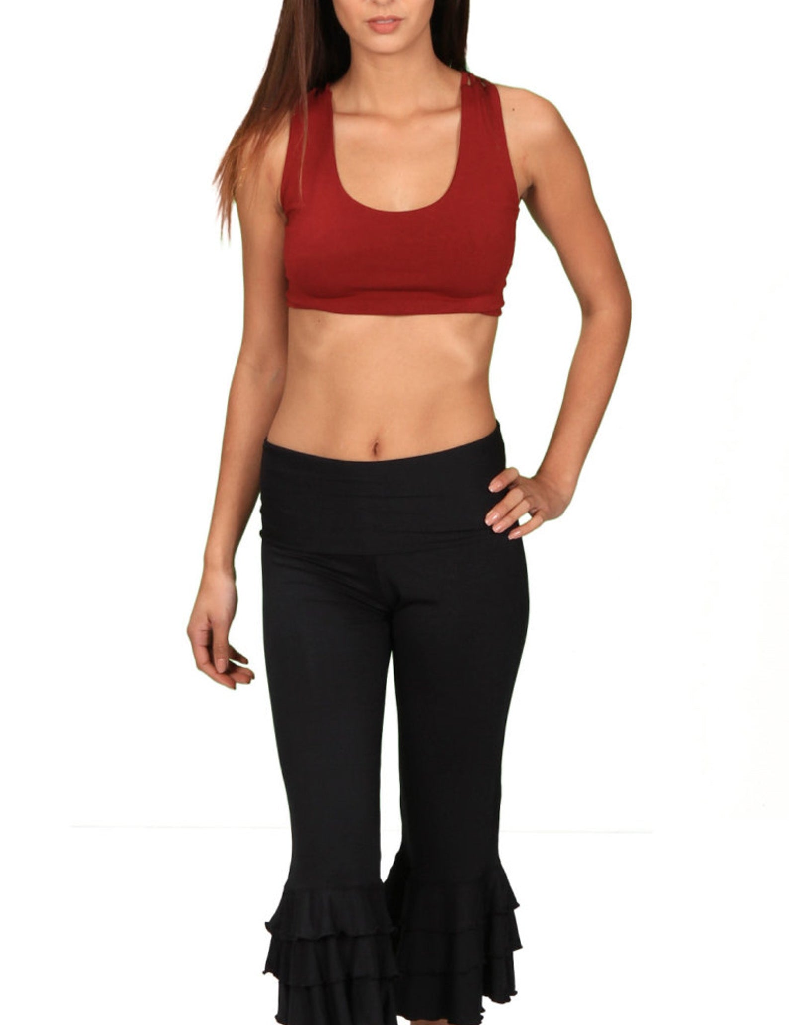Black Ruffle Capri Pants: Bamboo Rayon Flared Yoga Pants