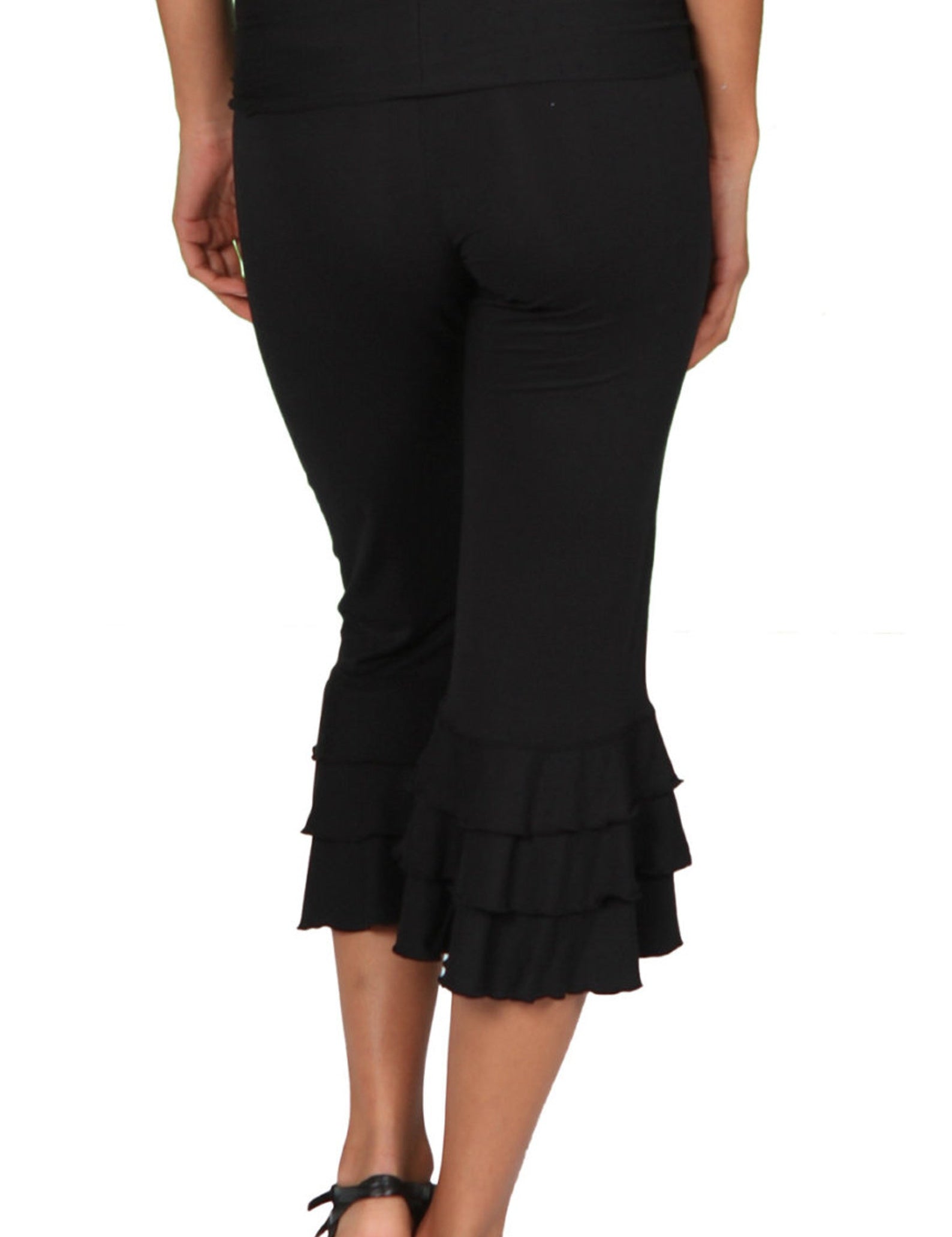 Black Ruffle Capri Pants: Bamboo Rayon Flared Yoga Pants