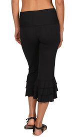 Black Ruffle Capri Pants: Bamboo Rayon Flared Yoga Pants