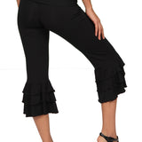 Black Ruffle Capri Pants: Bamboo Rayon Flared Yoga Pants