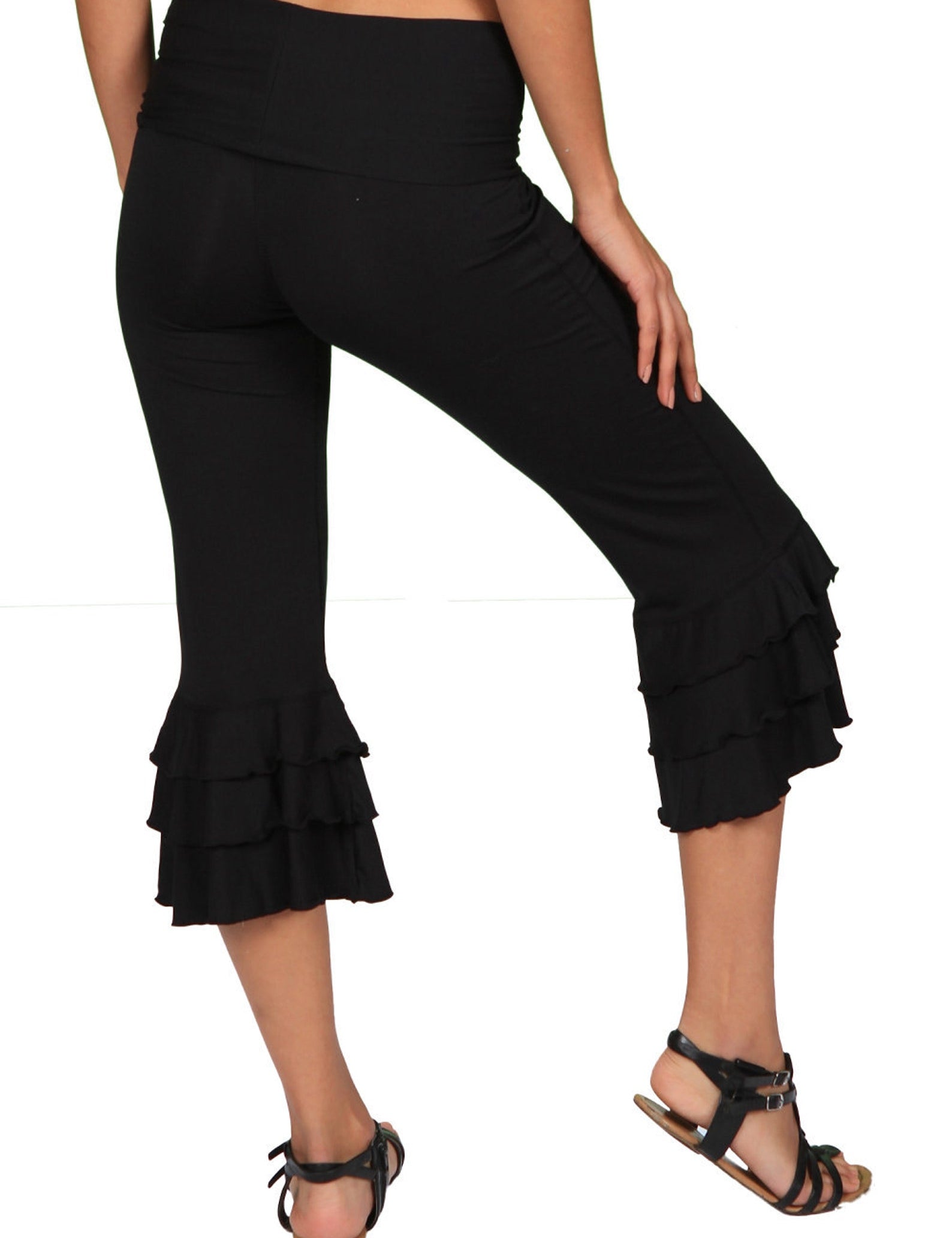 Black Ruffle Capri Pants: Bamboo Rayon Flared Yoga Pants