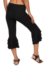 Black Ruffle Capri Pants: Bamboo Rayon Flared Yoga Pants