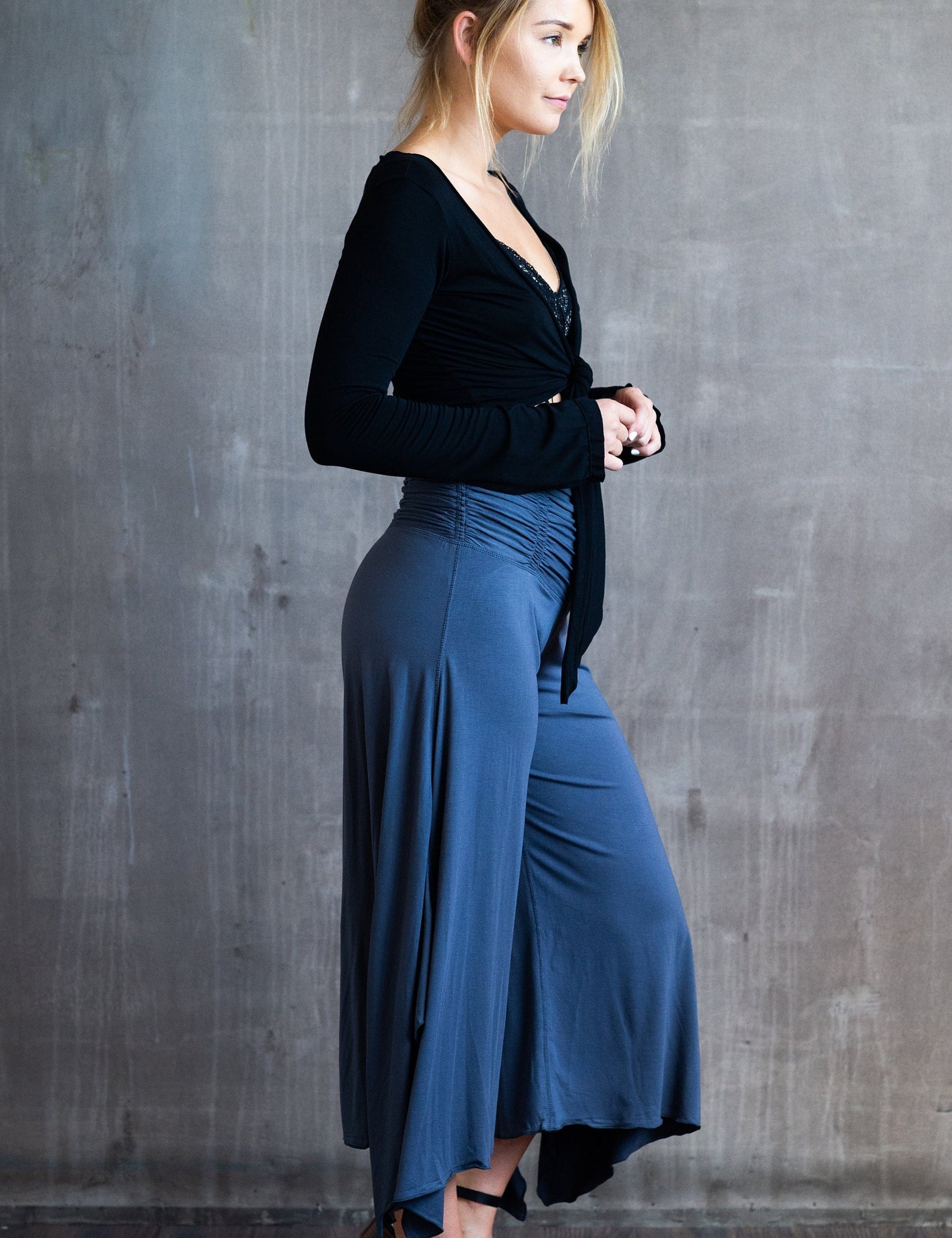 Ruched Waistband, Flowy, Wide Leg, High Waist Gaucho Pants in Gray