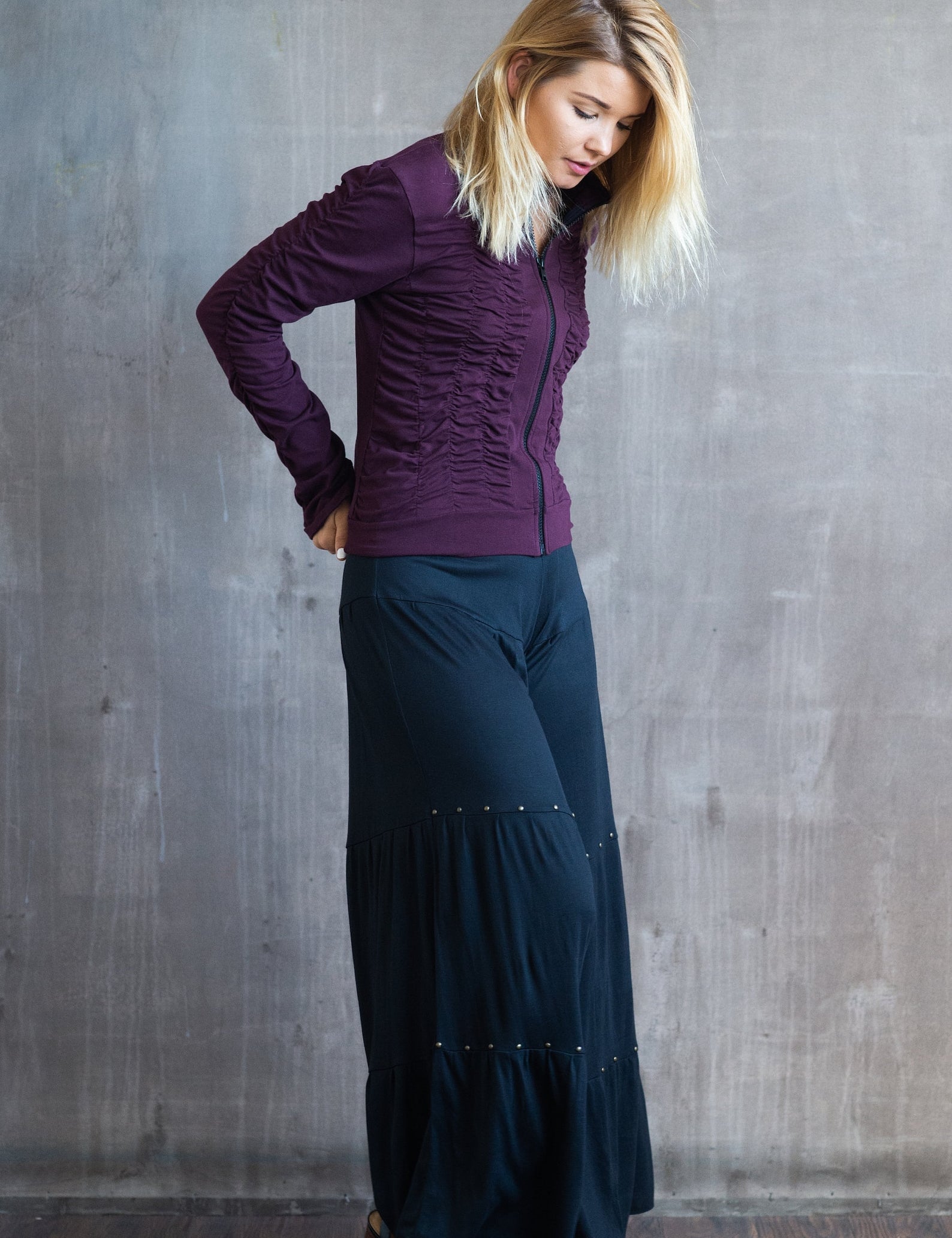 Ruched Zip Front Jacket – Plum Boho Yoga Lightweight Fall Jacket