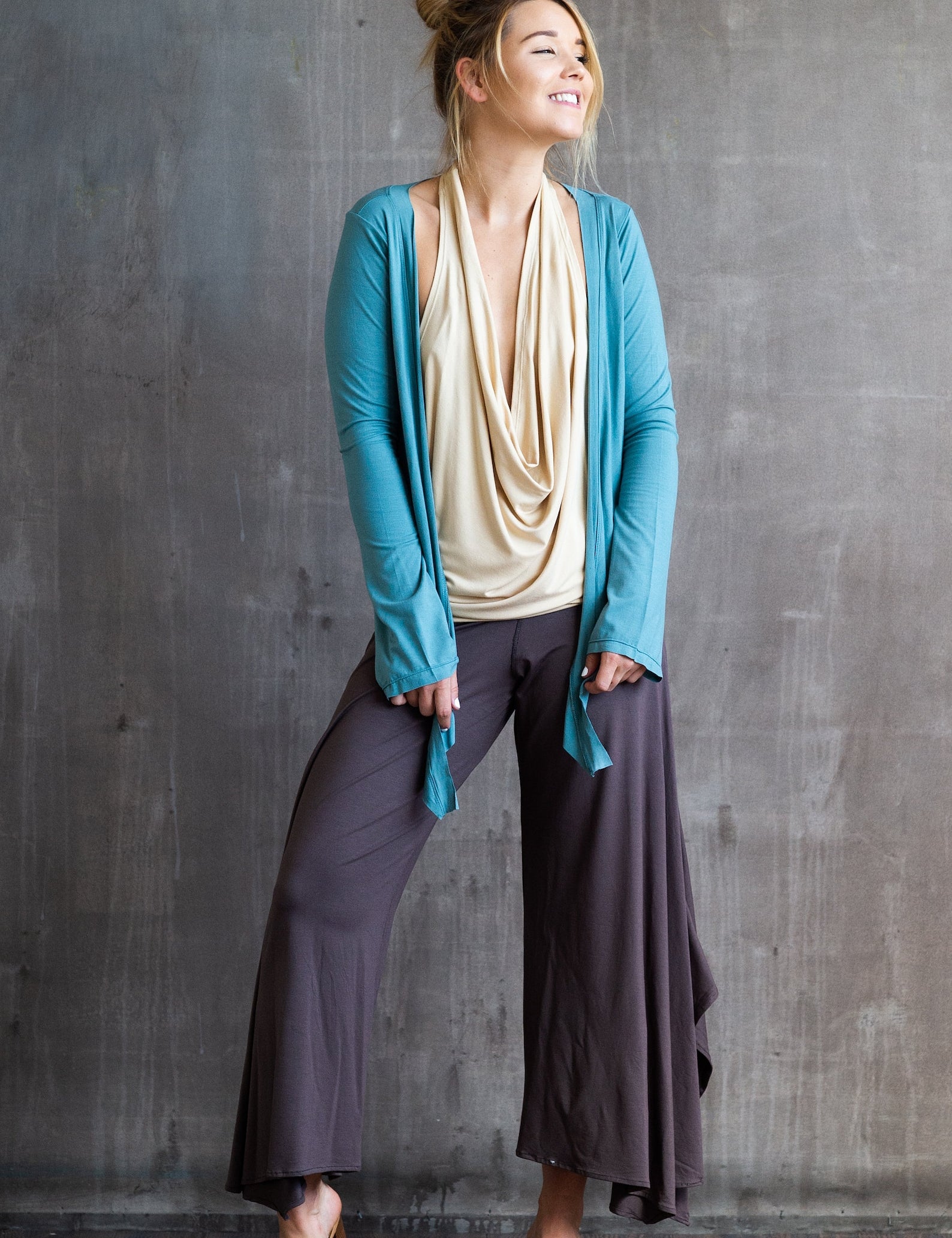 Paris Wide Leg, Flowy, Fold-over Waistband Gaucho Pants, Culottes in Mocha