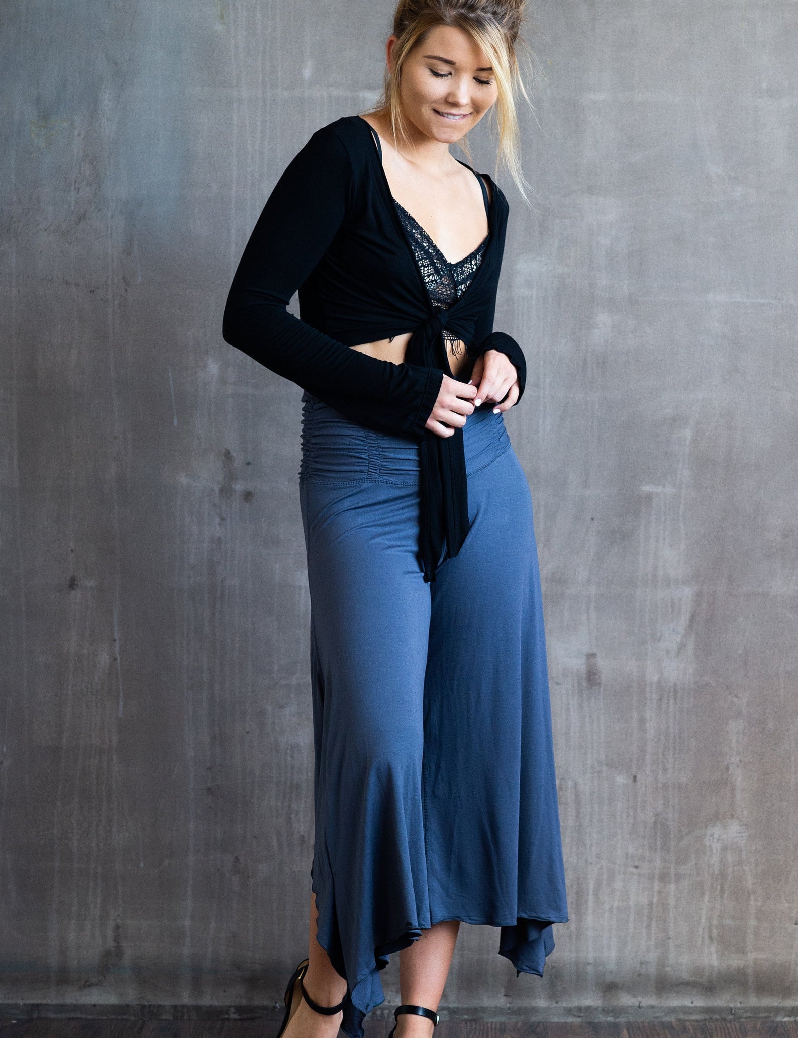 Ruched Waistband, Flowy, Wide Leg, High Waist Gaucho Pants in Gray