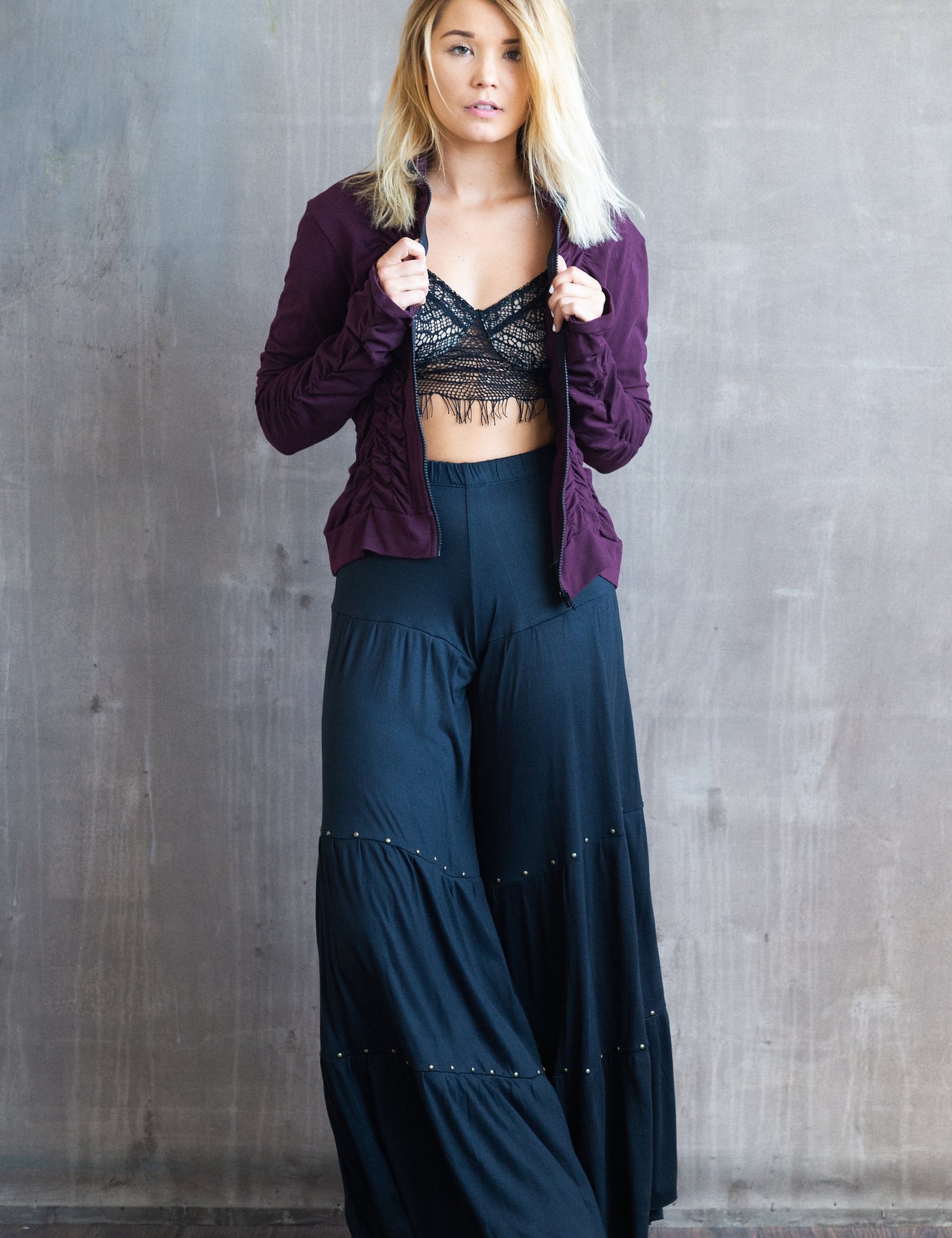 Ruched Zip Front Jacket – Plum Boho Yoga Lightweight Fall Jacket