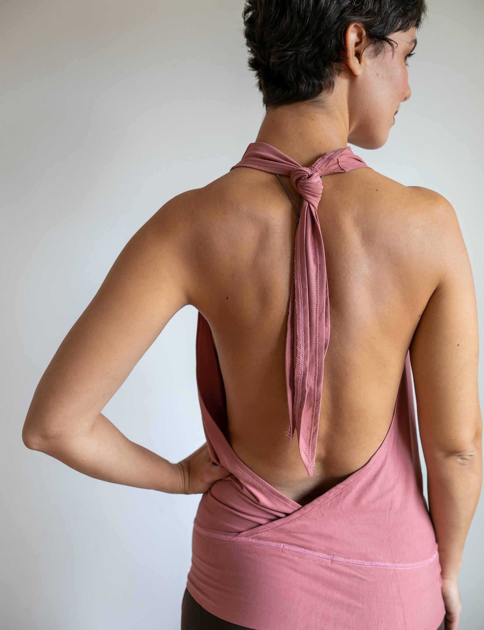 Cowl Front Backless Halter Top | Boho Rose Drape Blouse in Canyon Rose