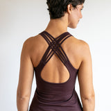 Faith Strappy Yoga Tank Top: Lattice Back, Built-in Bra in Eggplant