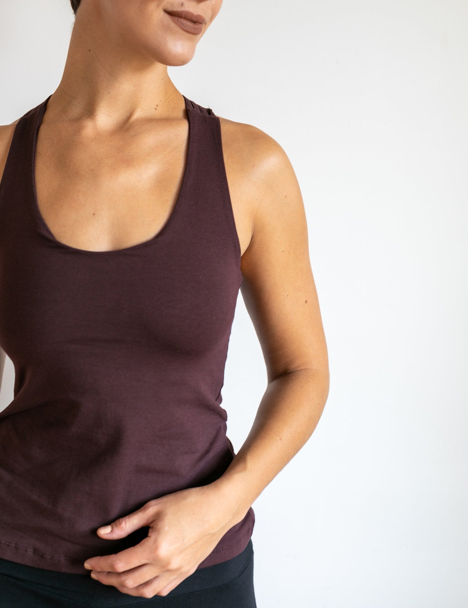 Faith Strappy Yoga Tank Top: Lattice Back, Built-in Bra in Eggplant