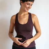Faith Strappy Yoga Tank Top: Lattice Back, Built-in Bra in Eggplant