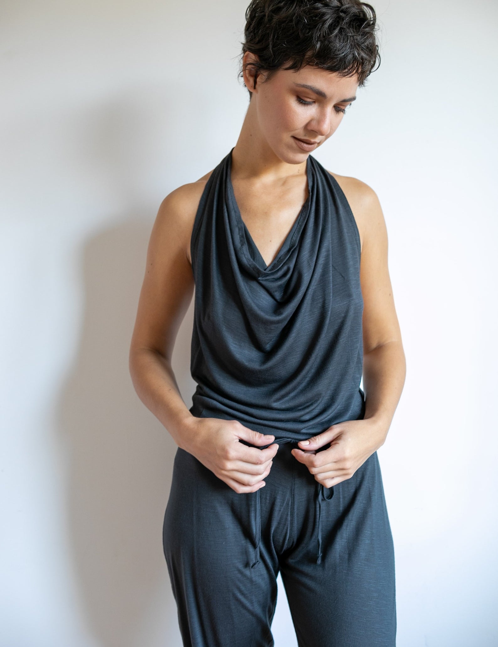 Women's One-piece Cowl Neck Halter Top Backless Yoga Jumpsuit / Romper / Onesie in Smokey Pearl