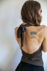 Cowl Front Backless Halter Top in Mocha Boho Brown Drape Blouse