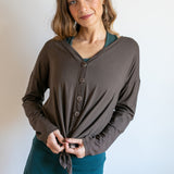 Coconut Button Down Front Long Sleeve Top in Black