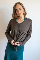Coconut Button Down Front Long Sleeve Top in Black