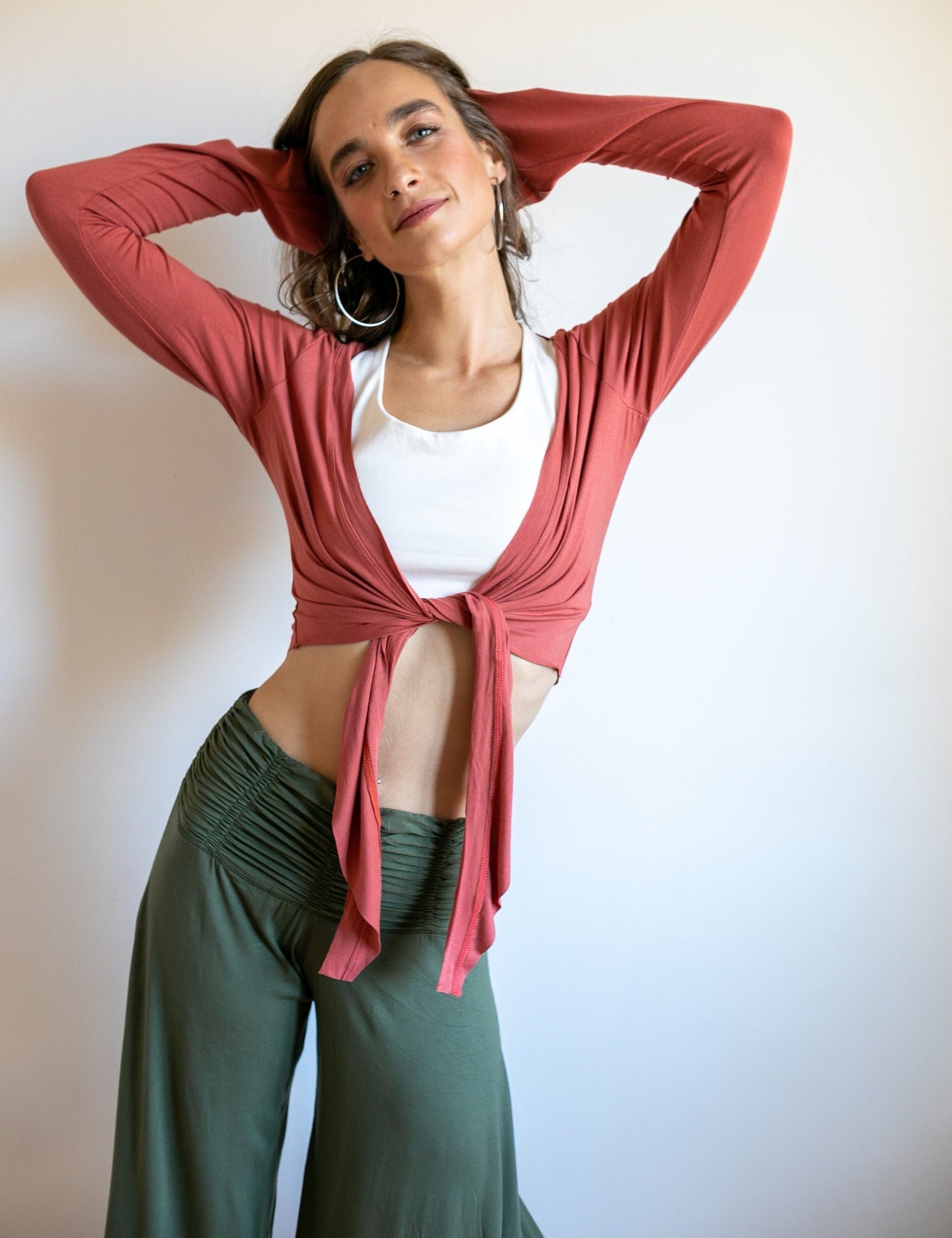 Shakti Ruched Waistband Gaucho Pants in Olive Green