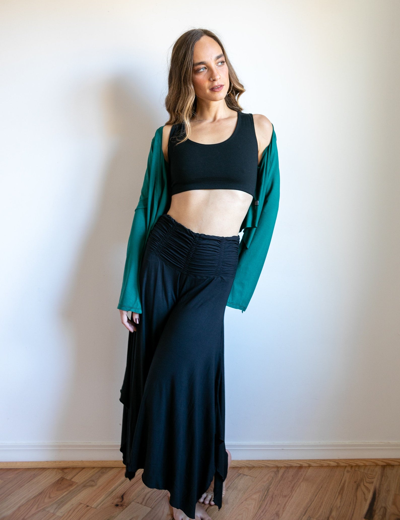 Ruched Waist Wide Leg Pants – Boho Flare, Sustainable Stretch Dance Trousers