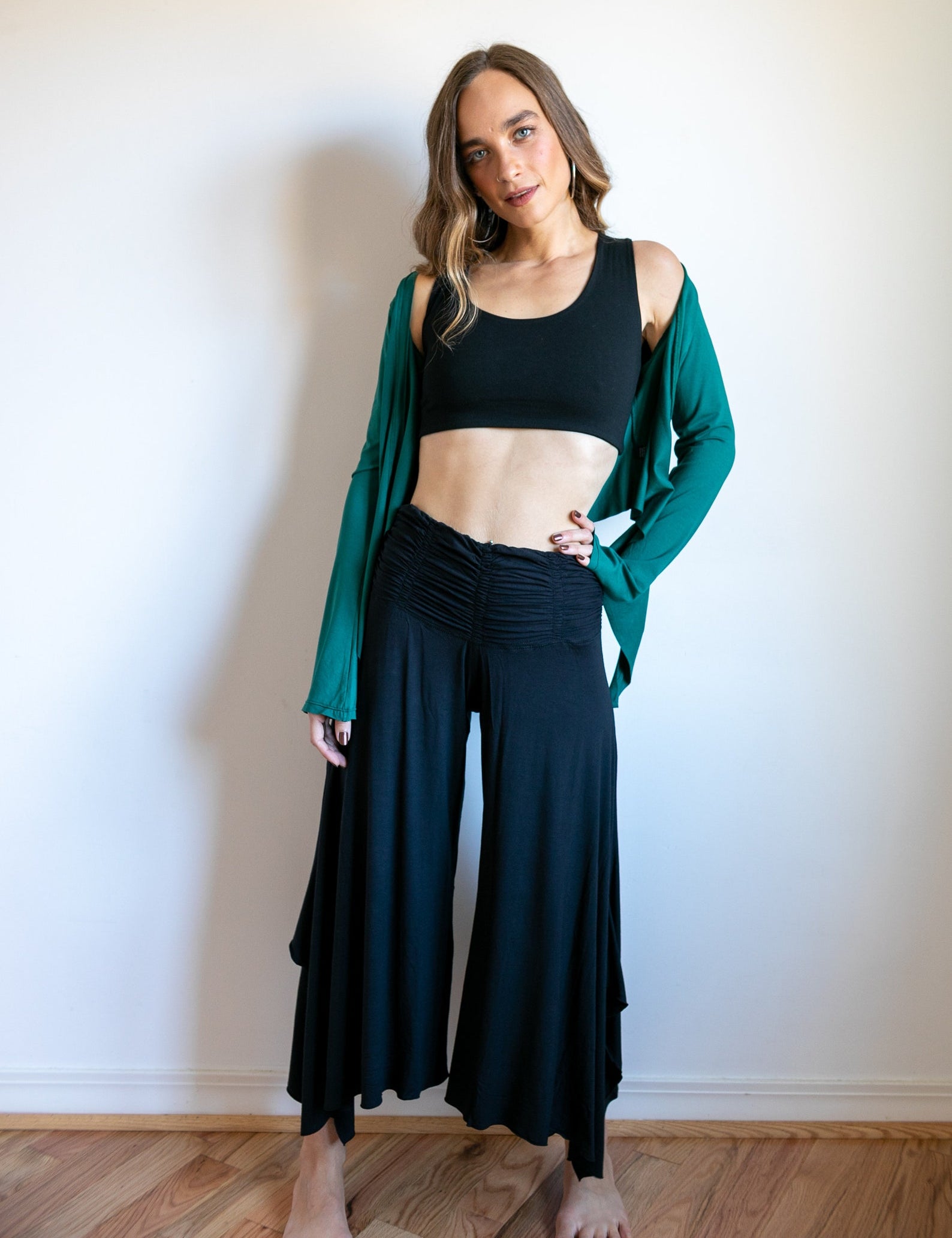Ruched Waist Wide Leg Pants – Boho Flare, Sustainable Stretch Dance Trousers