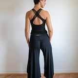 Paris Wide Leg Gaucho Pants, Flared Leg Culottes with Fold Over Waistband in Black