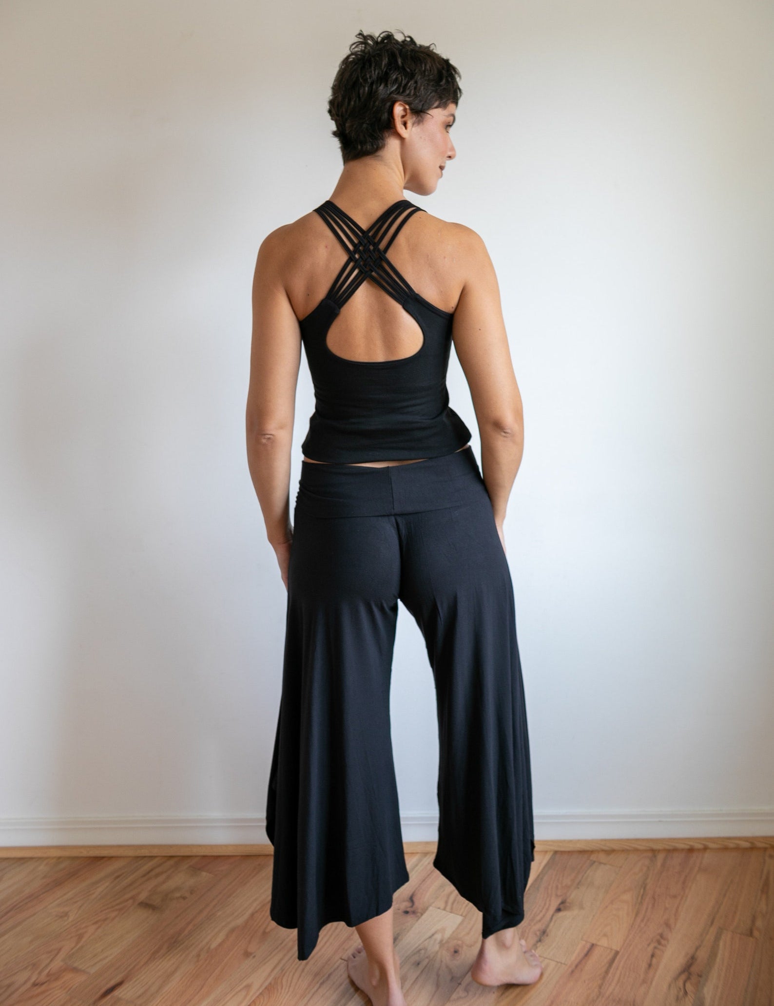 Paris Wide Leg Gaucho Pants, Flared Leg Culottes with Fold Over Waistband in Black