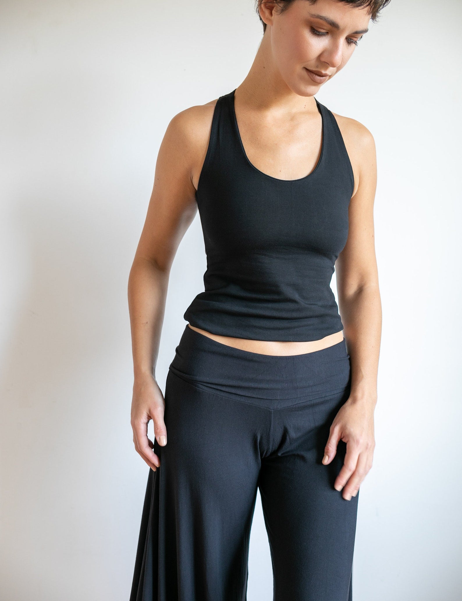 Paris Wide Leg Gaucho Pants, Flared Leg Culottes with Fold Over Waistband in Black