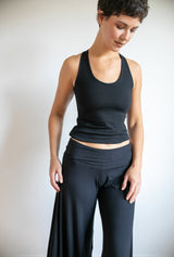 Paris Wide Leg Gaucho Pants, Flared Leg Culottes with Fold Over Waistband in Black