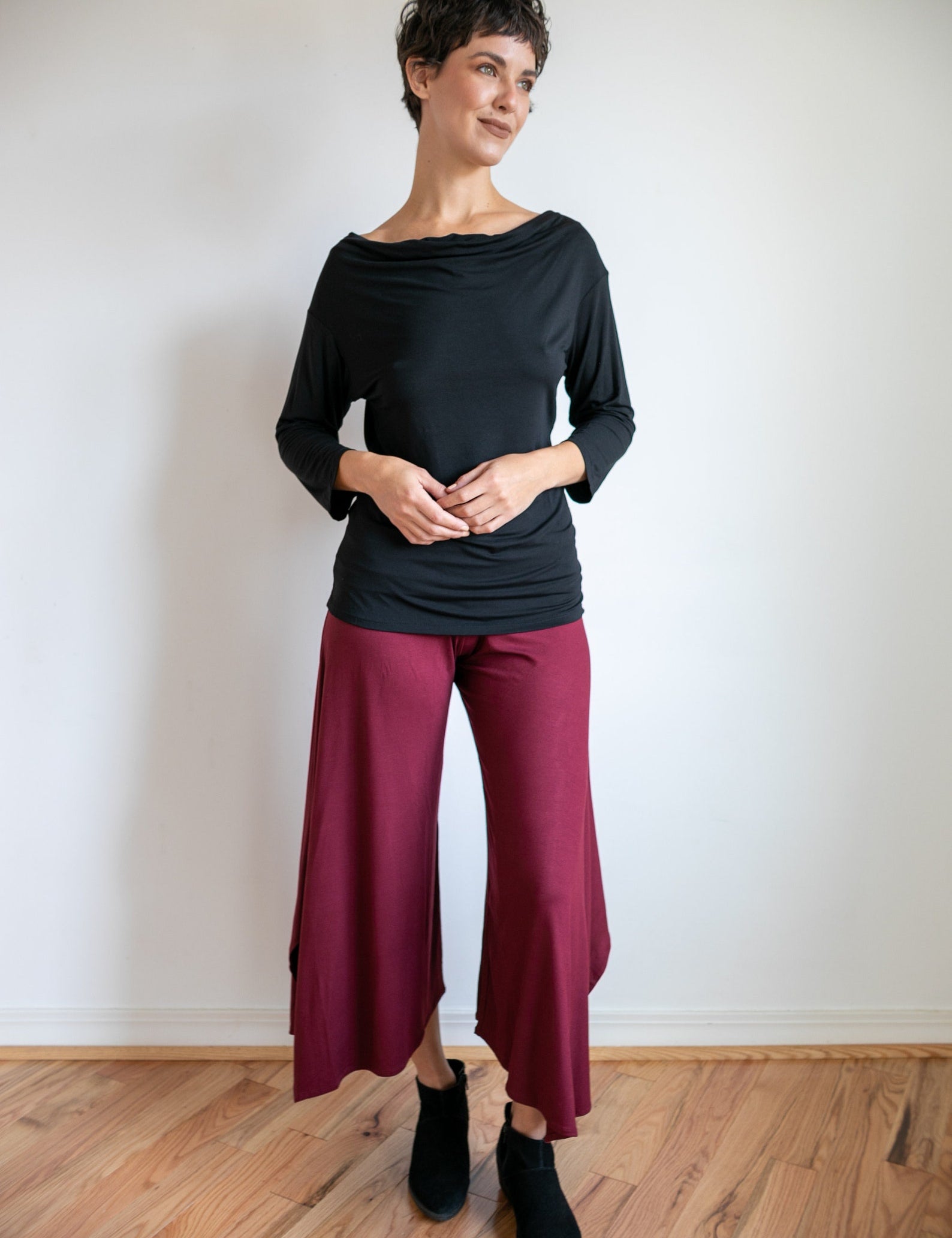 Paris Wide Leg, Flowy, Gaucho Pants, Culottes with Fold Over Waistband in Burgundy
