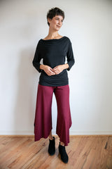 Paris Wide Leg, Flowy, Gaucho Pants, Culottes with Fold Over Waistband in Burgundy