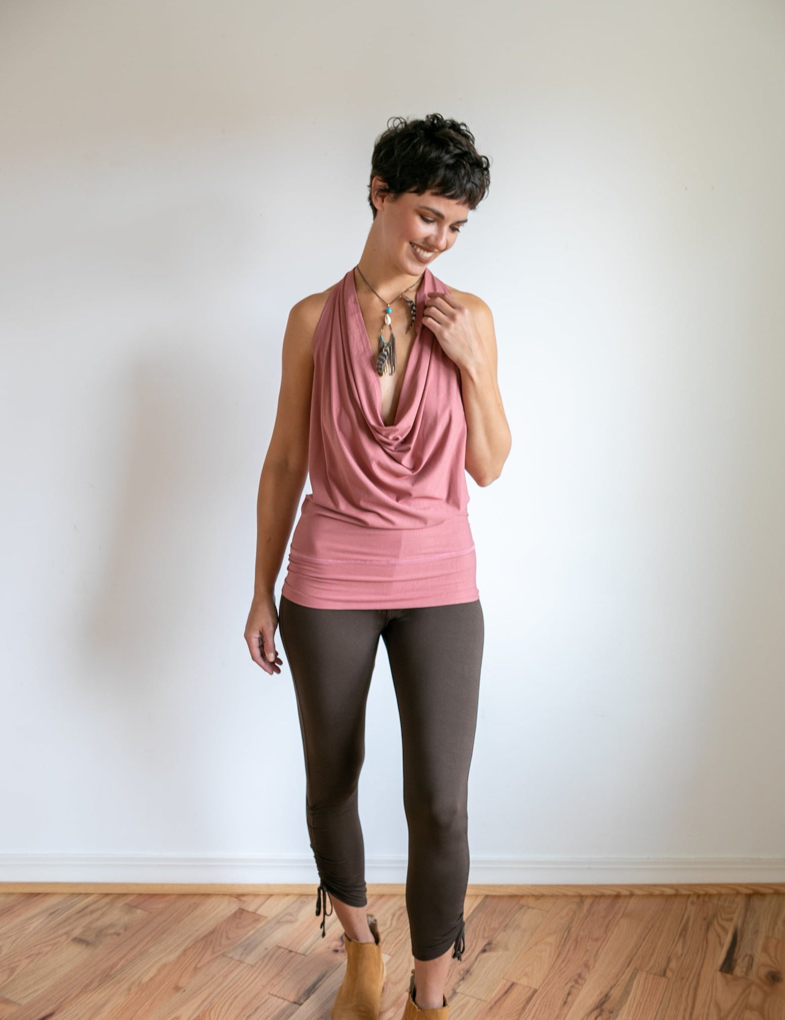 Cowl Front Backless Halter Top | Boho Rose Drape Blouse in Canyon Rose
