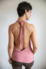 Cowl Front Backless Halter Top | Boho Rose Drape Blouse in Canyon Rose