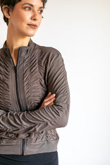 Mrs. Peacock Ruched Zip Front Jacket Mocha