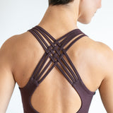 Faith Strappy Yoga Tank Top: Lattice Back, Built-in Bra in Eggplant