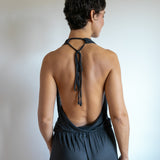 Women's One-piece Cowl Neck Halter Top Backless Yoga Jumpsuit / Romper / Onesie in Smokey Pearl