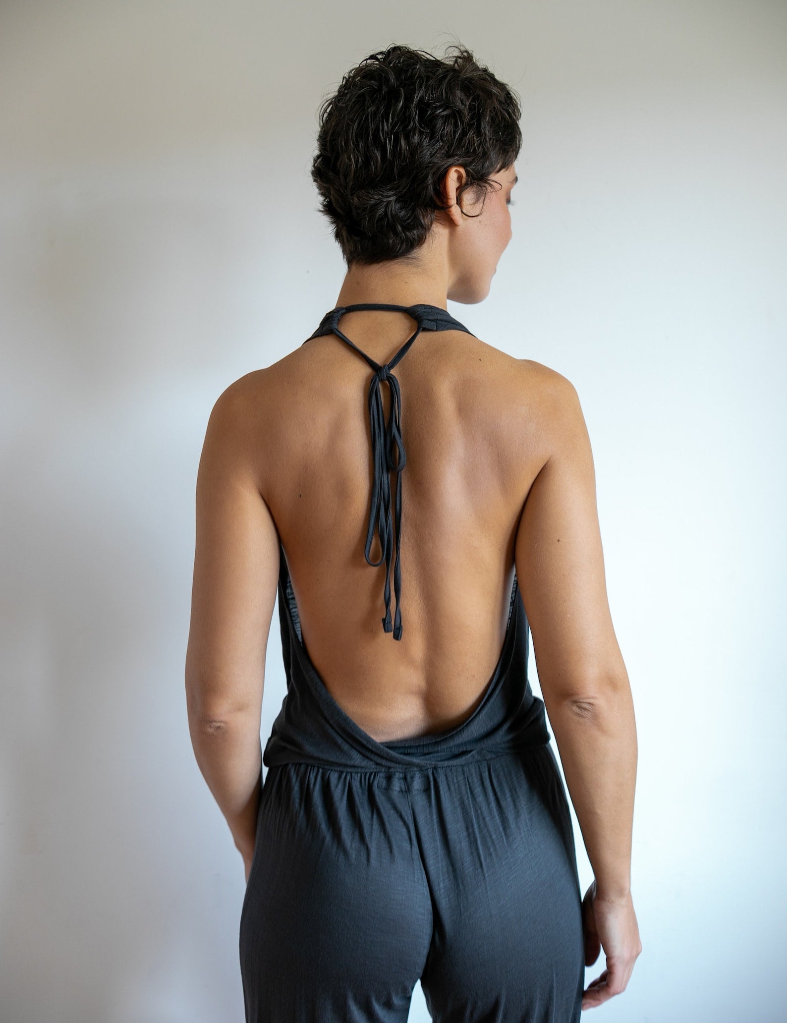 Women's One-piece Cowl Neck Halter Top Backless Yoga Jumpsuit / Romper / Onesie in Smokey Pearl