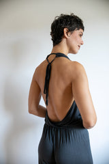 Women's One-piece Cowl Neck Halter Top Backless Yoga Jumpsuit / Romper / Onesie in Smokey Pearl