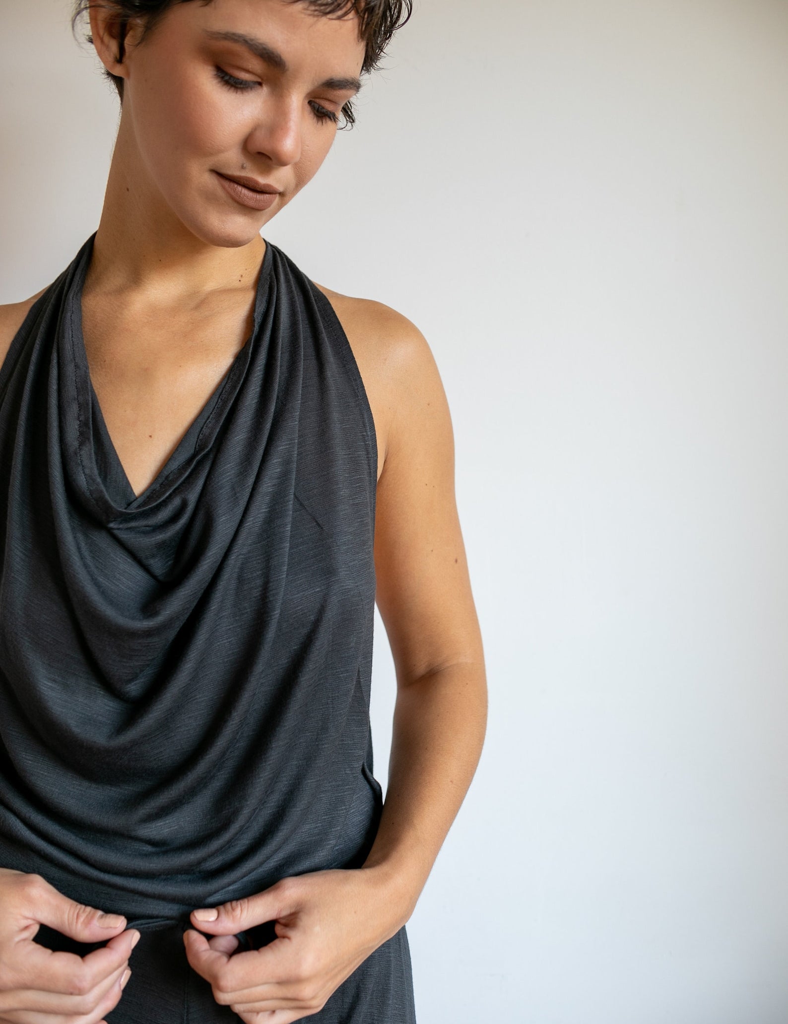 Women's One-piece Cowl Neck Halter Top Backless Yoga Jumpsuit / Romper / Onesie in Smokey Pearl